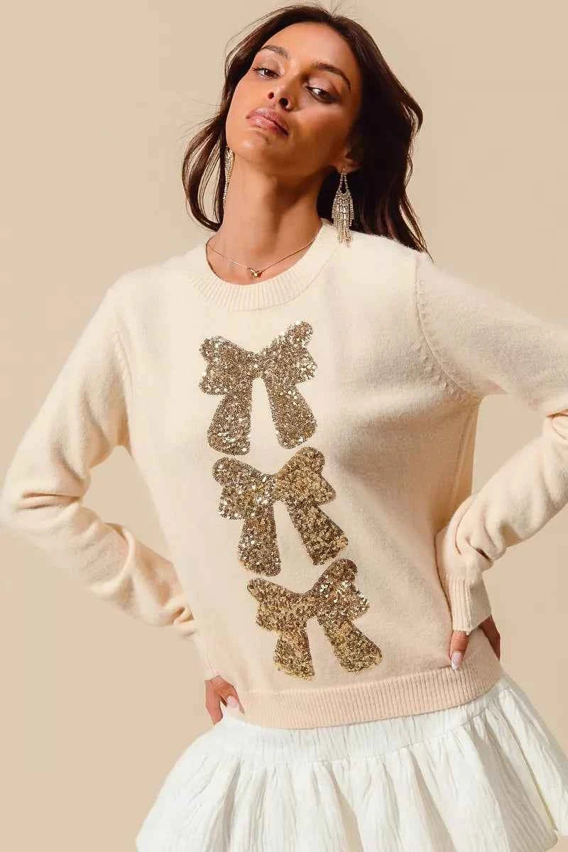 SO ME Sequins Bow Ribbon Embellished Christmas Sweater 2b058f8f47534d09a6aa1841423876a2-Max-Origin
