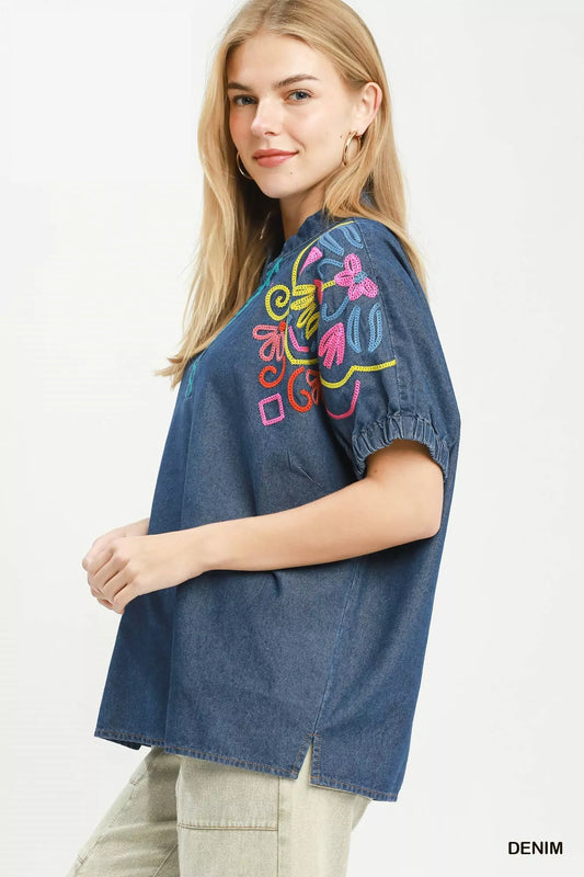 Embroidered Denim Puff Sleeve Top 2b1483cb-e14c-4d21-8456-3aa9fb9d26b8-Max-Origin