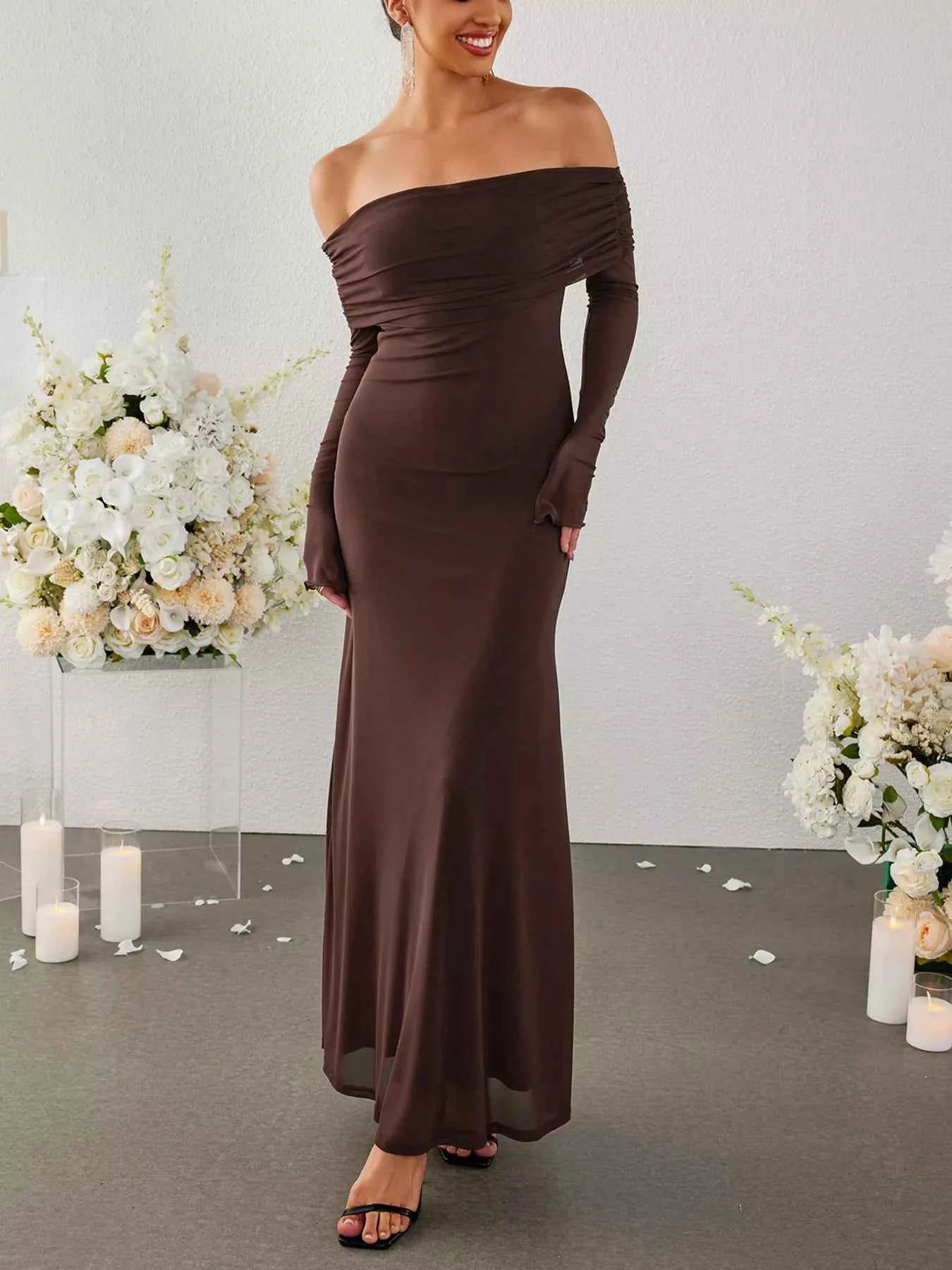Off-Shoulder Ruched Long Sleeve Maxi Dress 2b18e886e7f045bbba5e55645481b9c2-Max-Origin