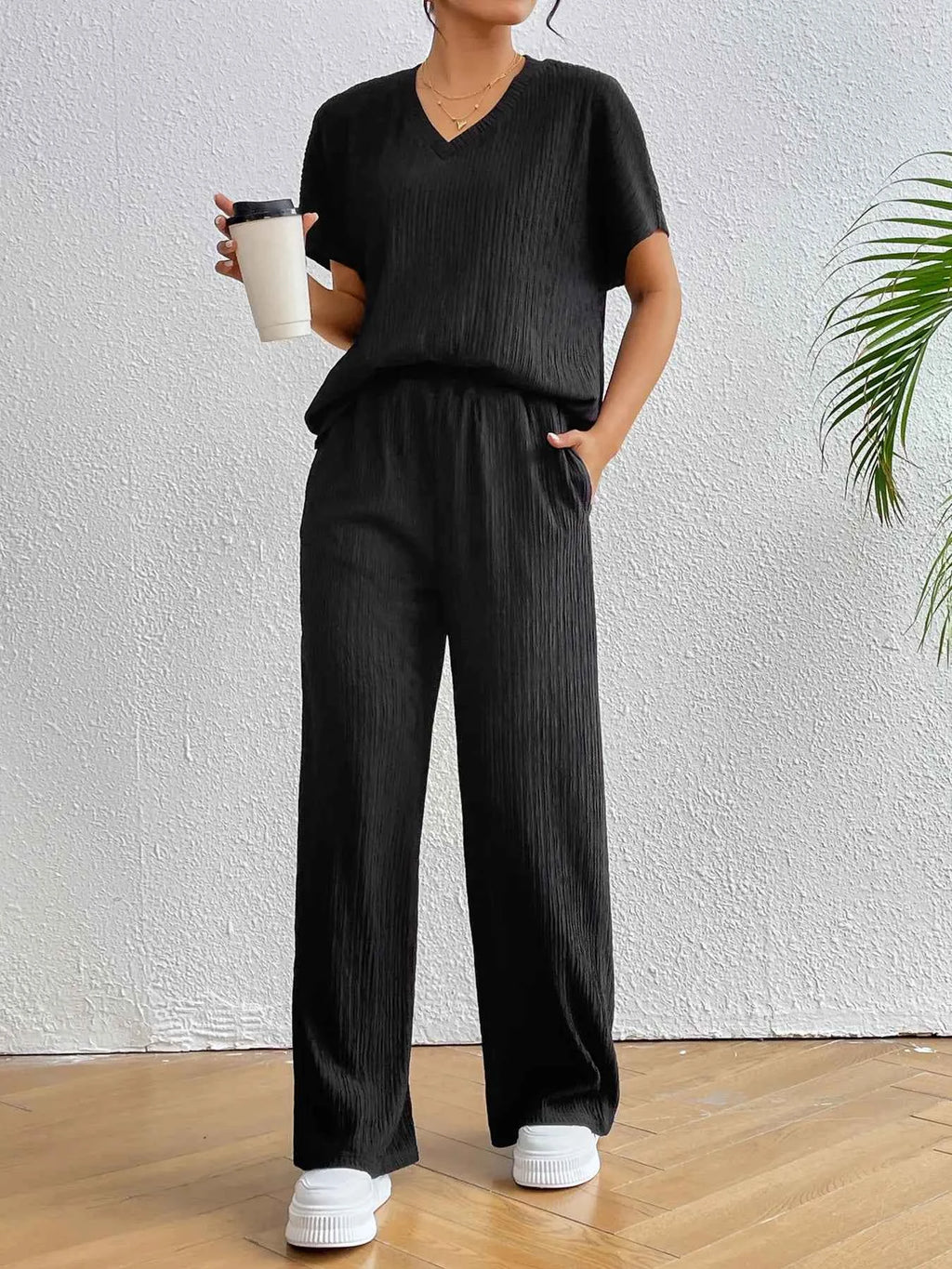 V-Neck Short Sleeve Top and Pants Set 2b28925a3a1445a397e526821759ce89-Max-Origin