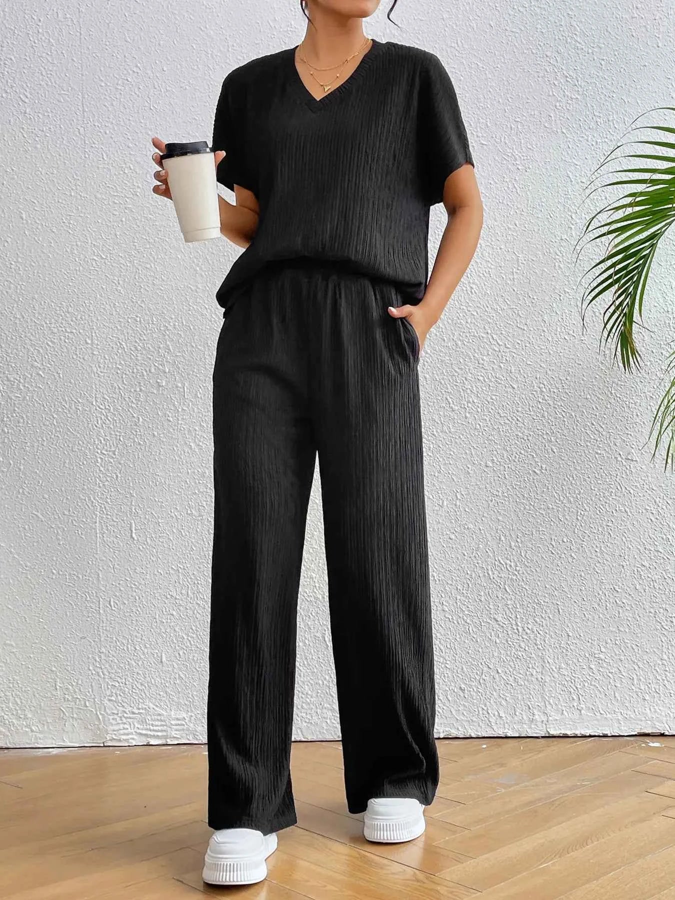 V-Neck Short Sleeve Top and Pants Set 2b28925a3a1445a397e526821759ce89-Max-Origin