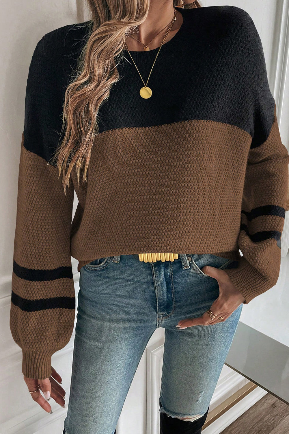 Dark Brown Colorblock Striped Sleeve Detail Knit Sweater 2b289f5abc5aad45
