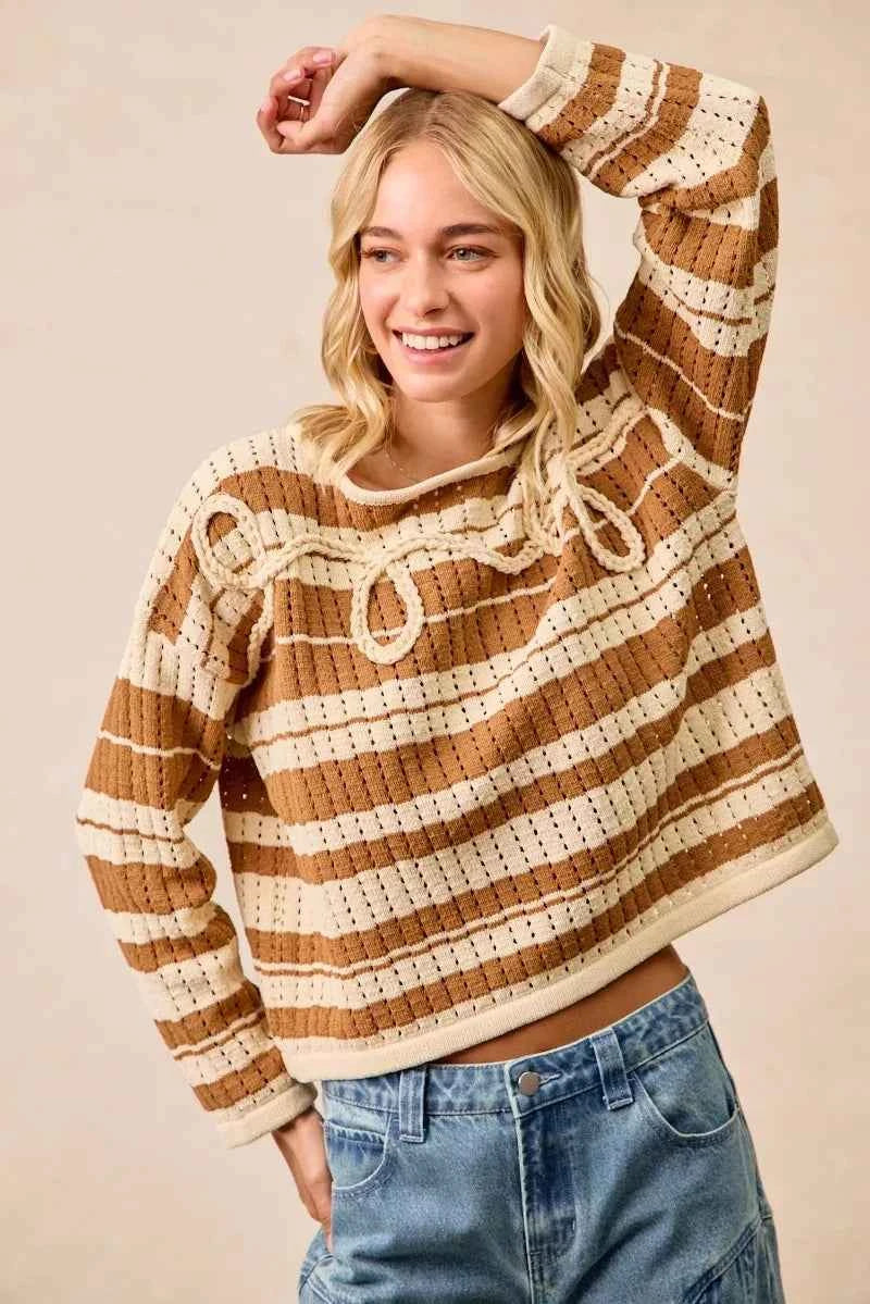 BiBi Striped Open Knit Sweater Top with Front Braided Detail 2b390a47ba944b4e8298dfa505cb077f-Max-Origin