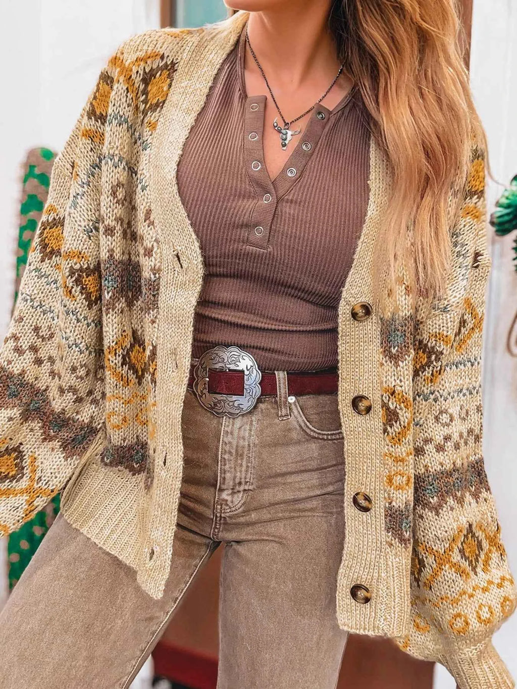 Western Pattern Knitted Button V Neck Cardigan Sweater 2b444e77436b4110bc7da6db2c5e7b21-Max-Origin