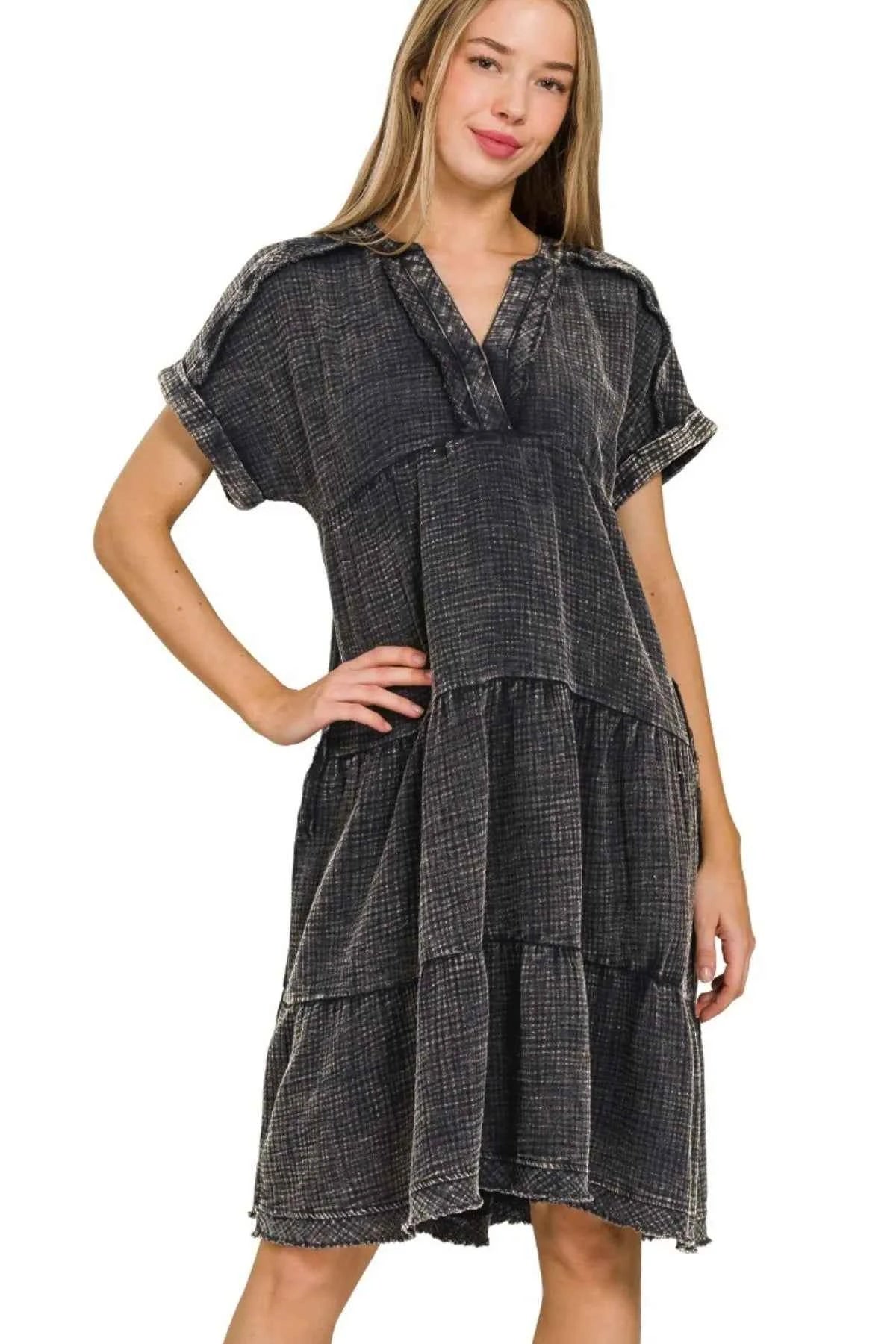 Zenana Washed Double Gauze Raw Edge V-neck Dress ASH BLACK 2b45198e-bce0-41cb-bcfb-1c7ba9848b9f-Max-Origin
