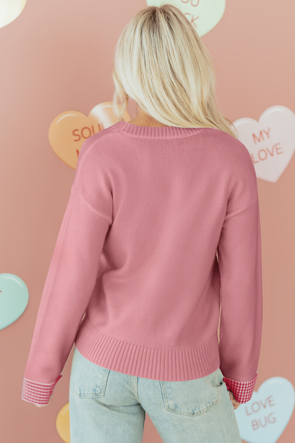 Light Pink Plaid Heart Embroidered Cuffed Drop Shoulder Crew Neck Sweater 2b4a611e04db0656