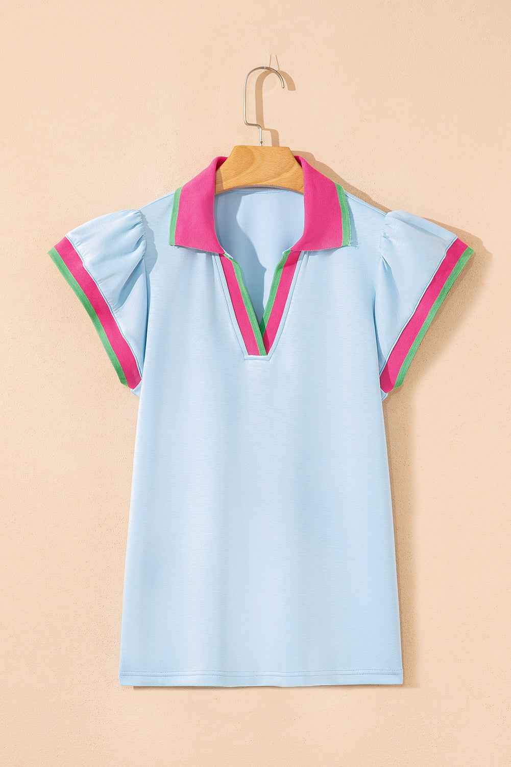 White Pop of Color Collared V Neck Ruffle Sleeve Blouse 2b4a66682203509c