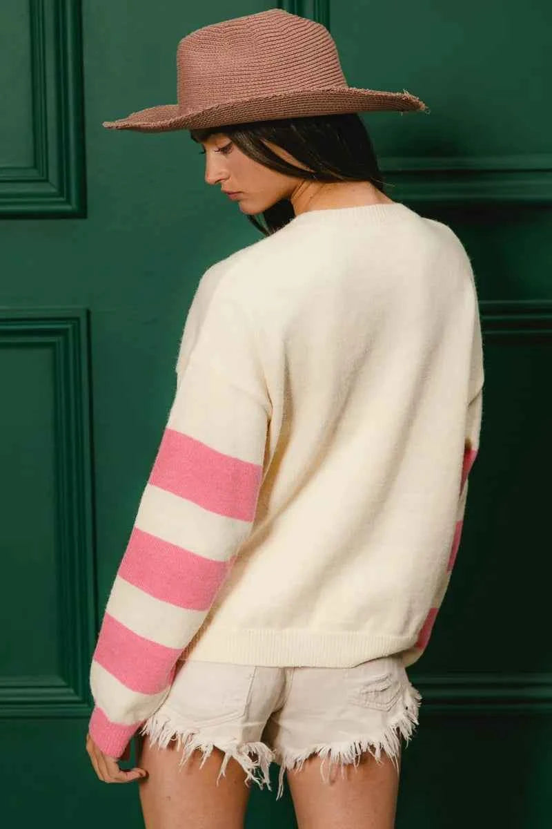 BiBi Colorful Floral Patched Sweater with Striped Sleeve 2b4e8587646a44cfa4de80ed1691282a-Max-Origin