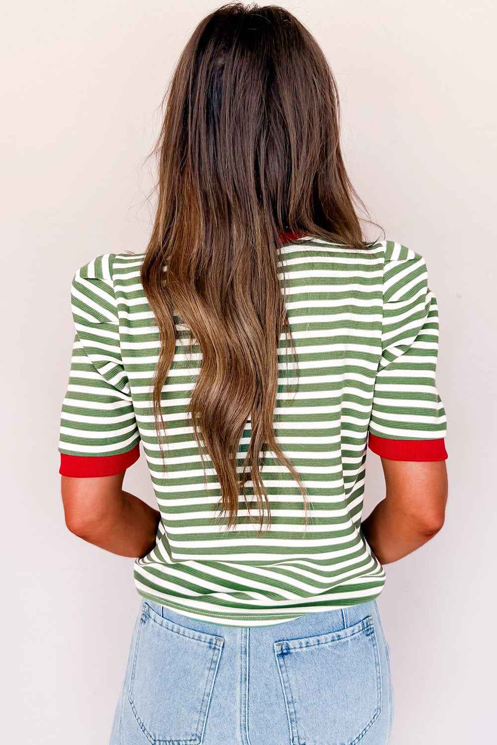 Brown Stripe Short Puff Sleeve Contrast Trim Round Neck Tee 2b528f4b0bc7dd32