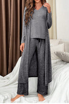 Dark Grey 3pcs V Neck T Shirt Ribbon Knot Pants Open Duster 3pcs Lounge Set 2b5705c2aa4cb1e4