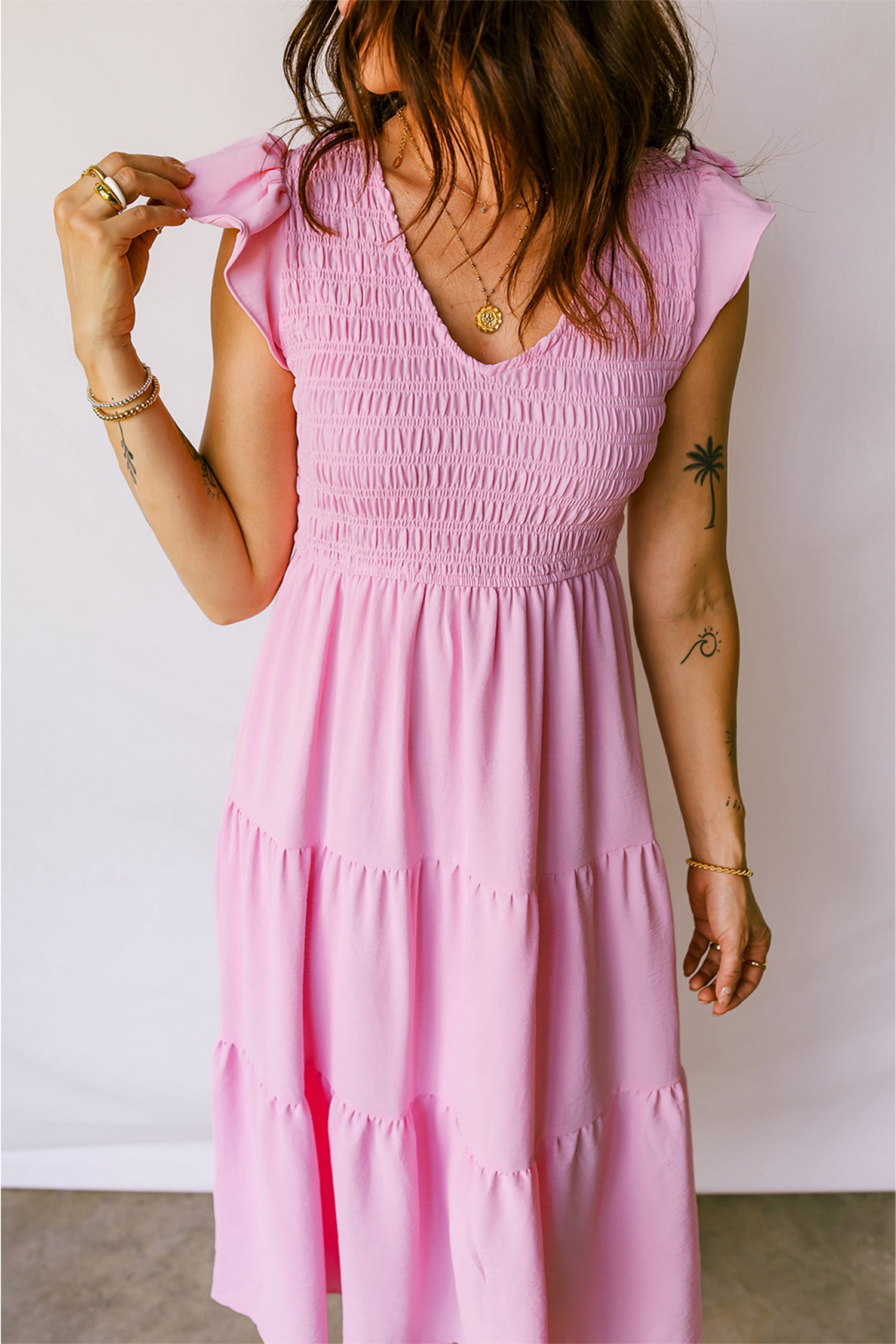 Pink Smocked Bodice Flutter Sleeve Fit Flare Tiered Midi Dress 2b585896313f571f