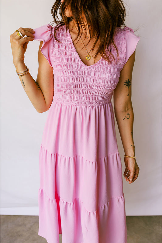 Pink Smocked Bodice Flutter Sleeve Fit Flare Tiered Midi Dress 2b585896313f571f