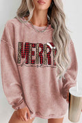 Pink MERRY Christmas Plaid Leopard Heat Transfer Printing Corded Sweatshirt Pink 100%Polyester 2b5a42b3c25fe4d8