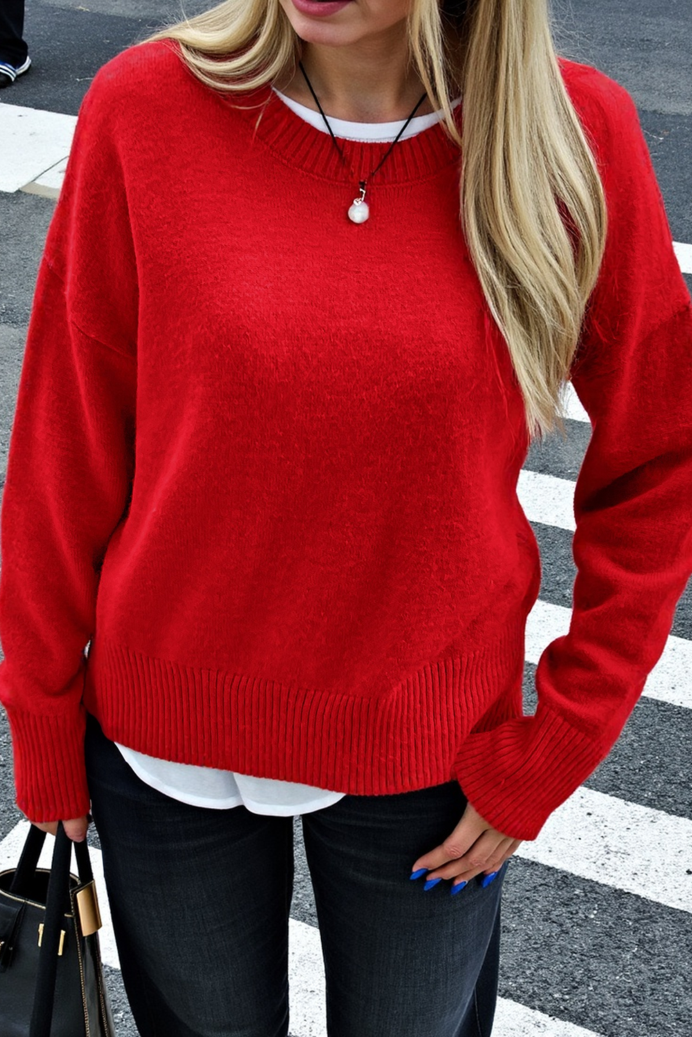 Racing Red Solid Color Ribbed Trim Casual Sweater Racing Red 2b5eb84af2f9fdec