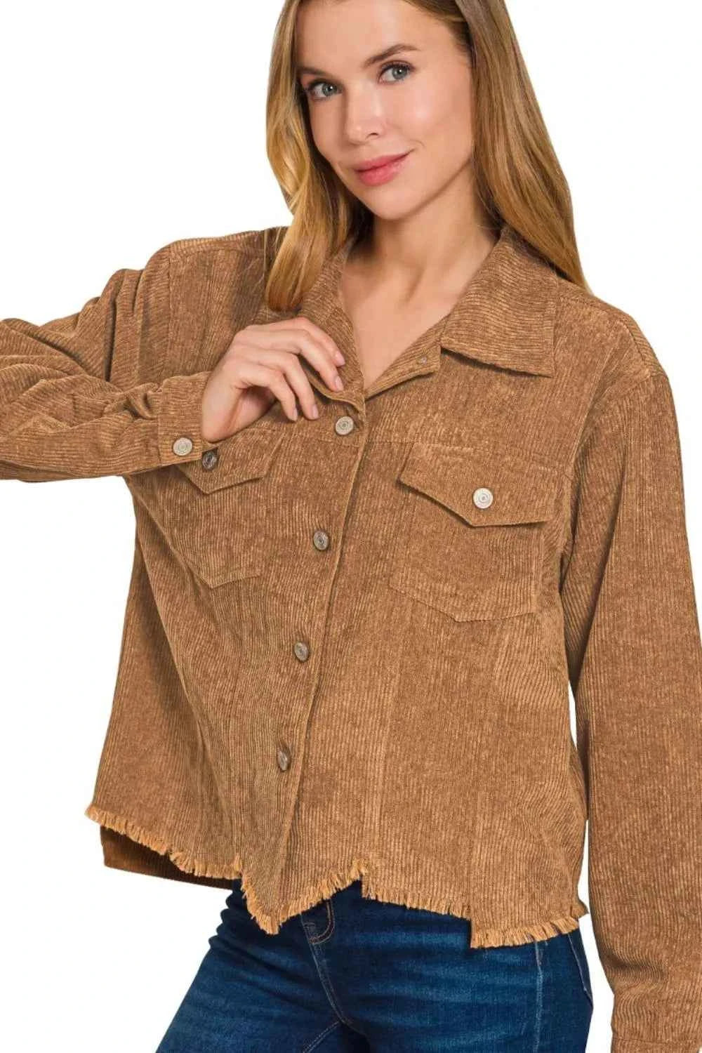 Zenana Distressed Corduroy Frayed Hem Cropped Jacket DEEP CAMEL 2b602362-af17-44fe-b6d2-d9ad90cb3595-Max-Origin