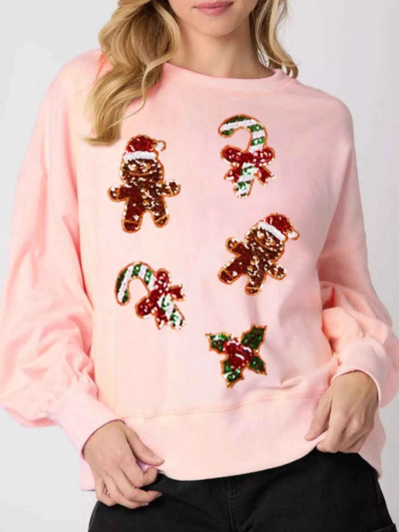 Christmas Holiday Sequined Gingerbread Sweatshirt Pink 2b68a146-61cc-468c-acff-c7ae0f77e38e-Max-Origin