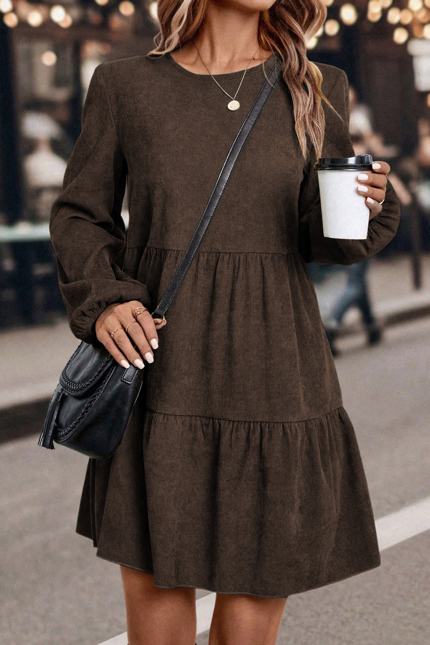 Dark Brown Lantern Sleeve Tiered Mini Dress Dark Brown 100%Polyester 2b75c732c32957c3