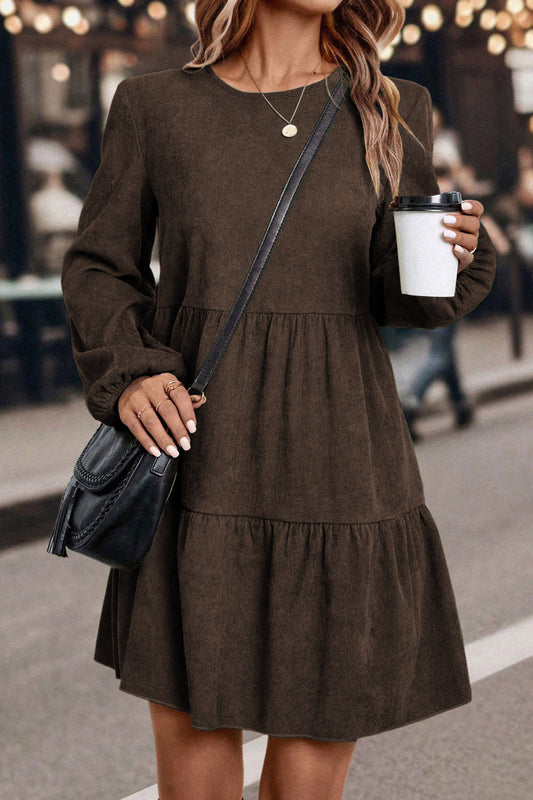 Dark Brown Lantern Sleeve Tiered Mini Dress Dark Brown 100%Polyester 2b75c732c32957c3