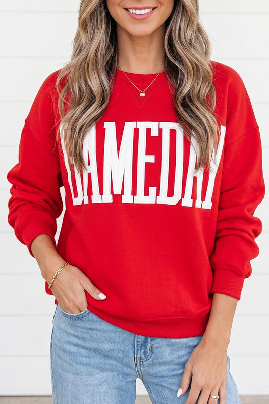 Sky Blue GAMEDAY Embroidered Patch Pattern Casual Shift Sweatshirt Fiery Red 65%Polyester+35%Cotton 2b75de3546ee2a3d