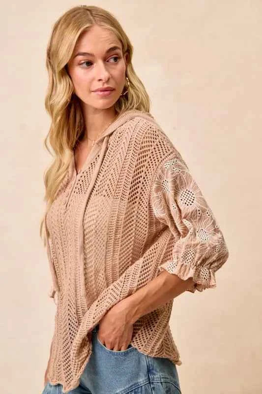 BiBi Jacquard Flower Puff Sleeve Hooded Knit Top 2b7b57a5-c011-4e2e-8105-79855b234116-Max-Origin