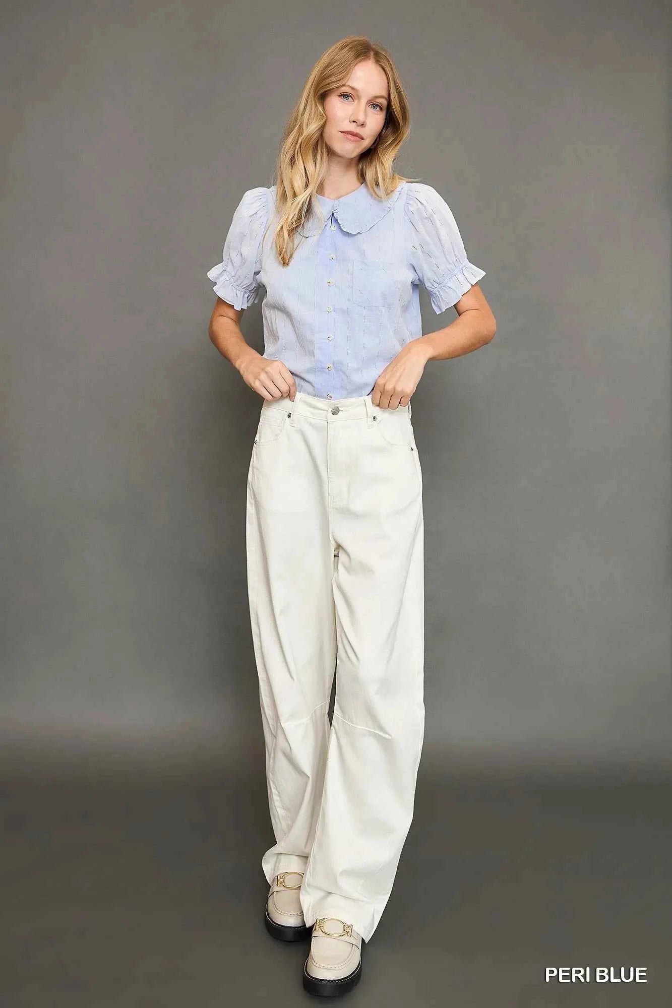 Umgee Peter Pan Collared Button Down Textured Shirt with Ruffled Detail 2b7b8dbd-86c7-4143-ac2d-f754ce0469ac-Max-Origin