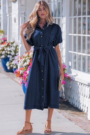 Sail Blue Full Buttons Collared Short Bubble Sleeve Long Denim Dress Sail Blue 100%Cotton 2b7eaa74052581be