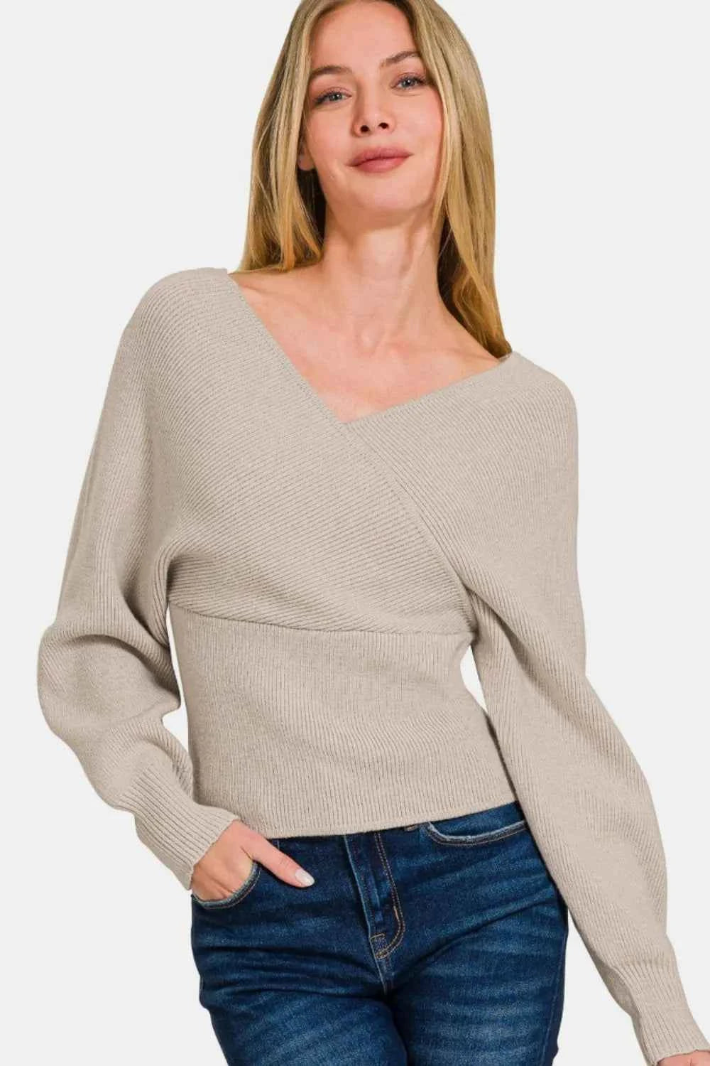 Zenana Cross Wrap Rib Long Sleeve Sweater H Mocha 2b7eb8de-86ca-412e-94ec-2ecfddc0f665-Max
