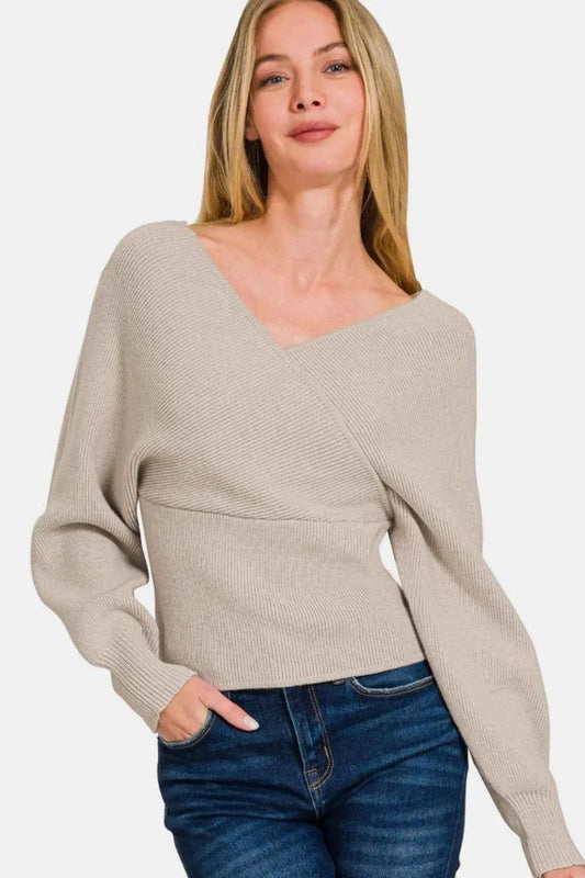 Zenana Cross Wrap Rib Long Sleeve Sweater H Mocha 2b7eb8de-86ca-412e-94ec-2ecfddc0f665-Max