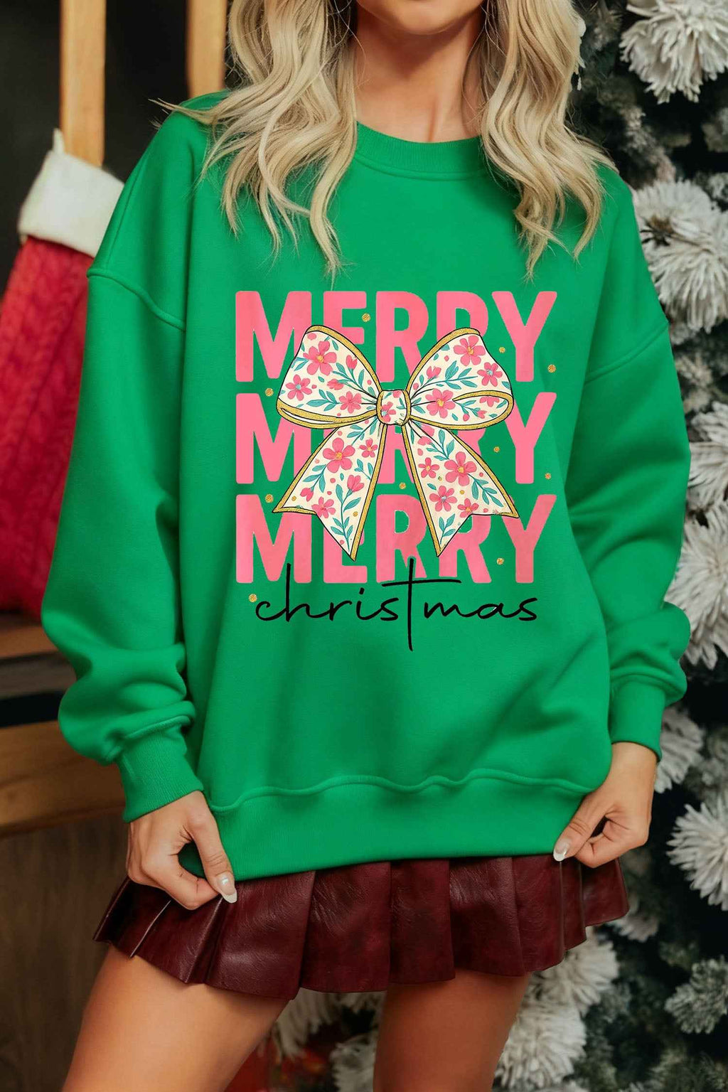 Dark Green MERRY Christmas Floral Bow Graphic Drop Shoulder Sweatshirt Dark Green 50%Polyester+50%Cotton 2b8404218339cc07