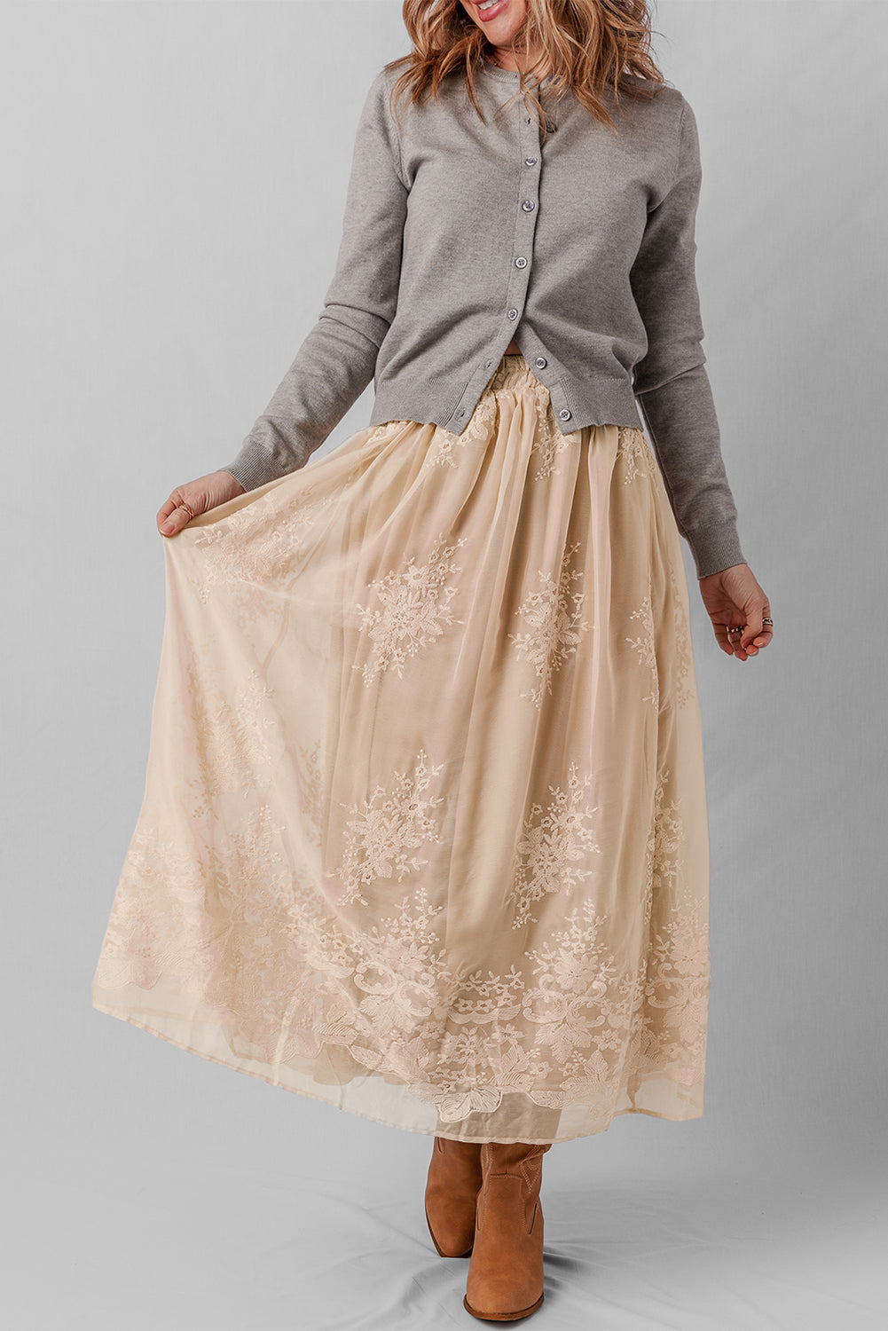 Oatmeal Embroidered Mesh Overlay Flowy Long Skirt 2b88d41c10be12b6