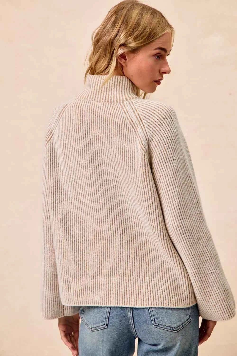 Two Tone Rib Texured Knit Collared Top with Zip Up 2b898bee838447f1ae997505bc0d1ad3-Max-Origin