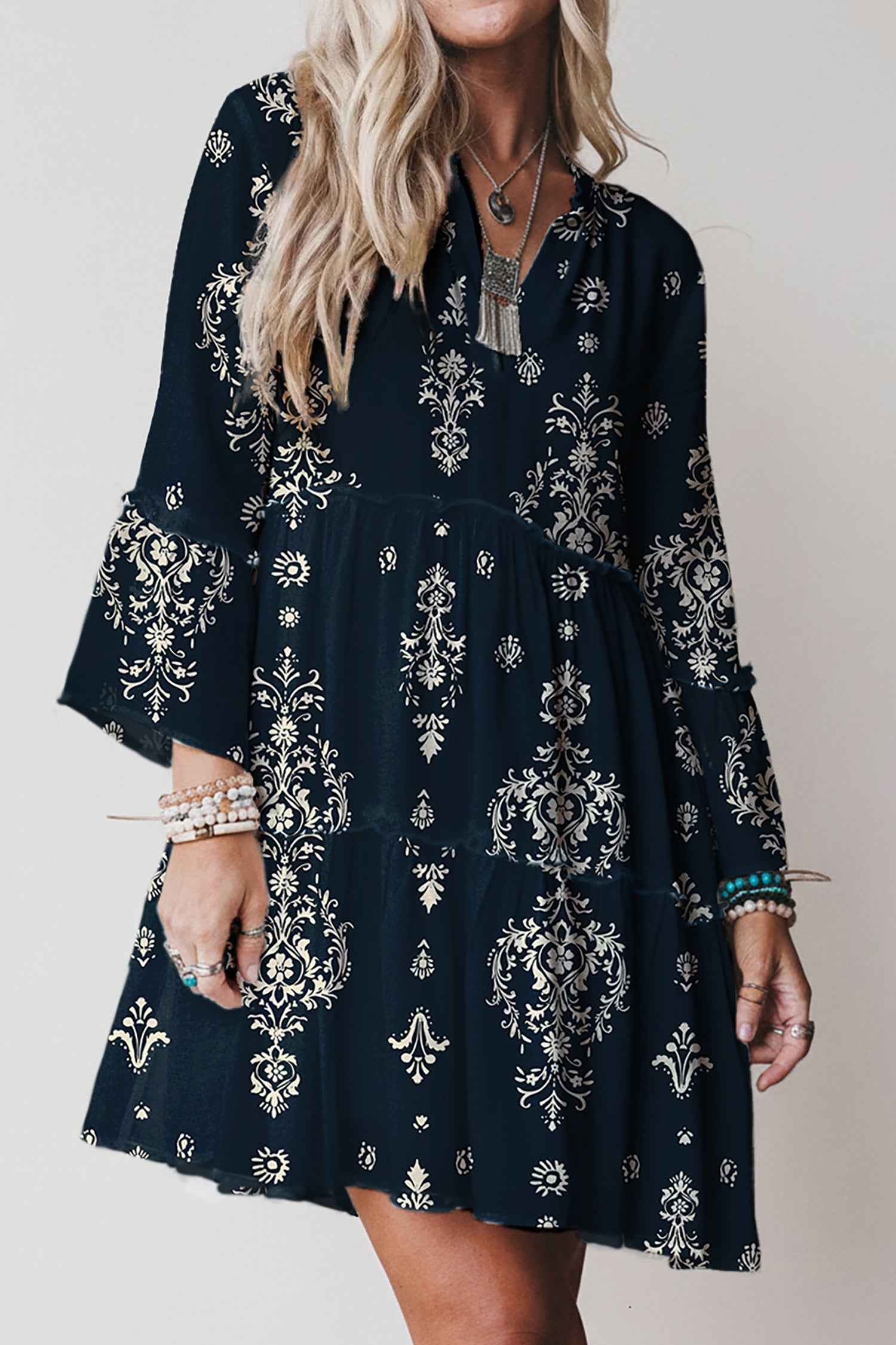 Sky Blue Boho Floral Print Lettuce Trim 3/4 Sleeve Mini Dress Blue 100%Viscose 2b899d41276f609b