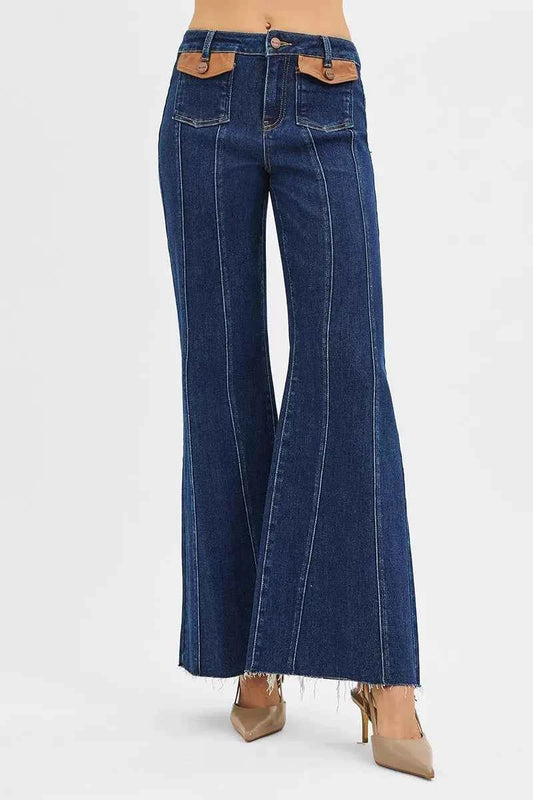 High Rise Wide Flare Jeans with Front Leather Pocket Detail 2b9143ac869644ef9781d5211644229b-Max-Origin