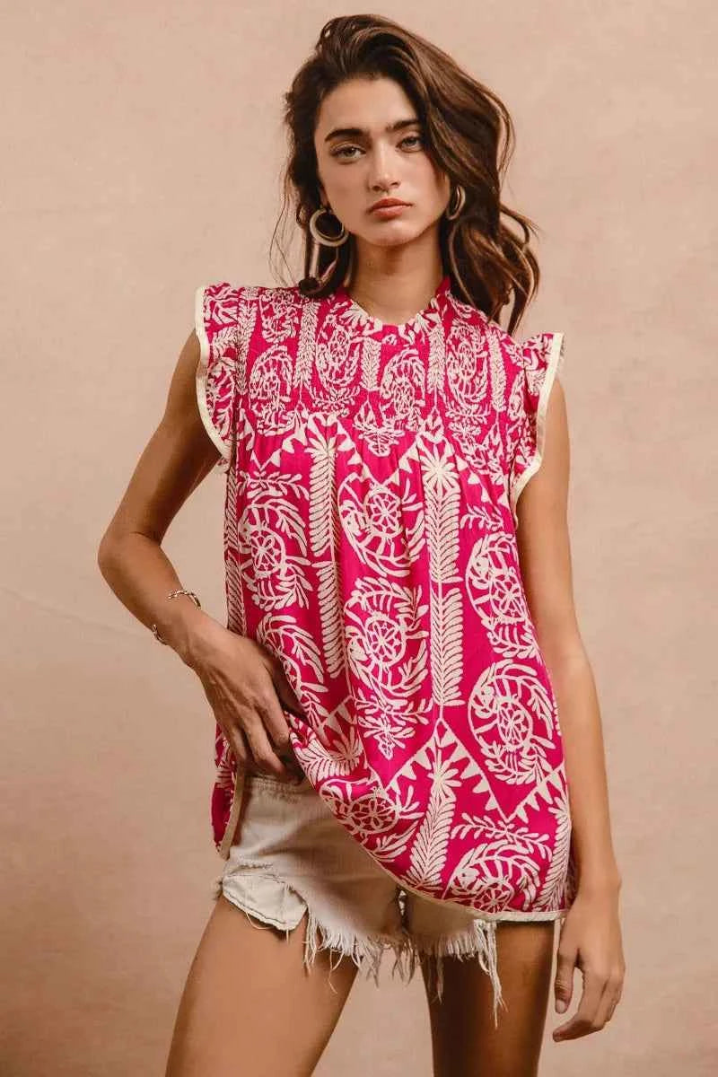 Printed Ruffle Sleeve Top PINK 2b94538d3d2e4501838be578011a0eba-Max-Origin