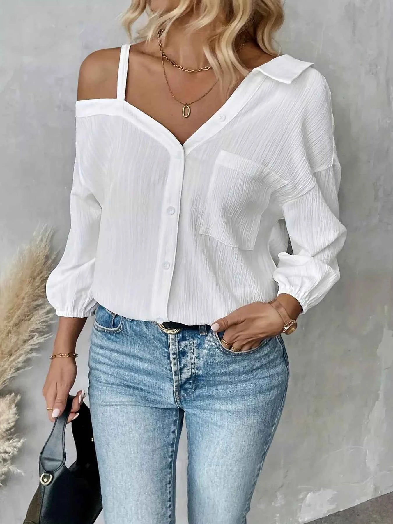 Asymmetrical Cold Shoulder Button Up Shirt
