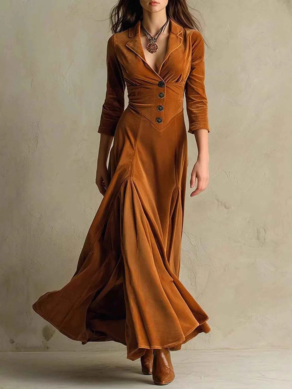 Velvet Button Front 3/4 Sleeve Maxi Dress Brown 2b95c838ed16444998b7bebddd3ee61e-Max-Origin