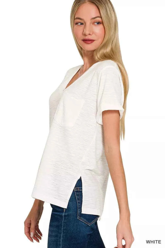 Zenana Slub Rolled Short Sleeve V-Neck Tee 2b962ac1e7b14d239a805e8d1261bcb9-Max-Origin