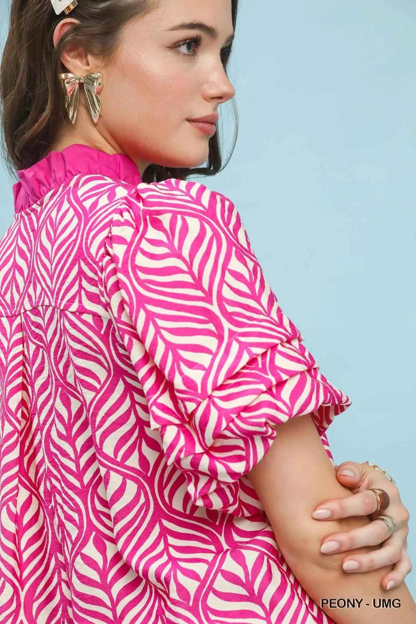 Umgee Printed Puff Sleeve Ruffle Neck Top 2b9cef4f-1da7-481d-8eed-c81ec28106b2-Max-Origin