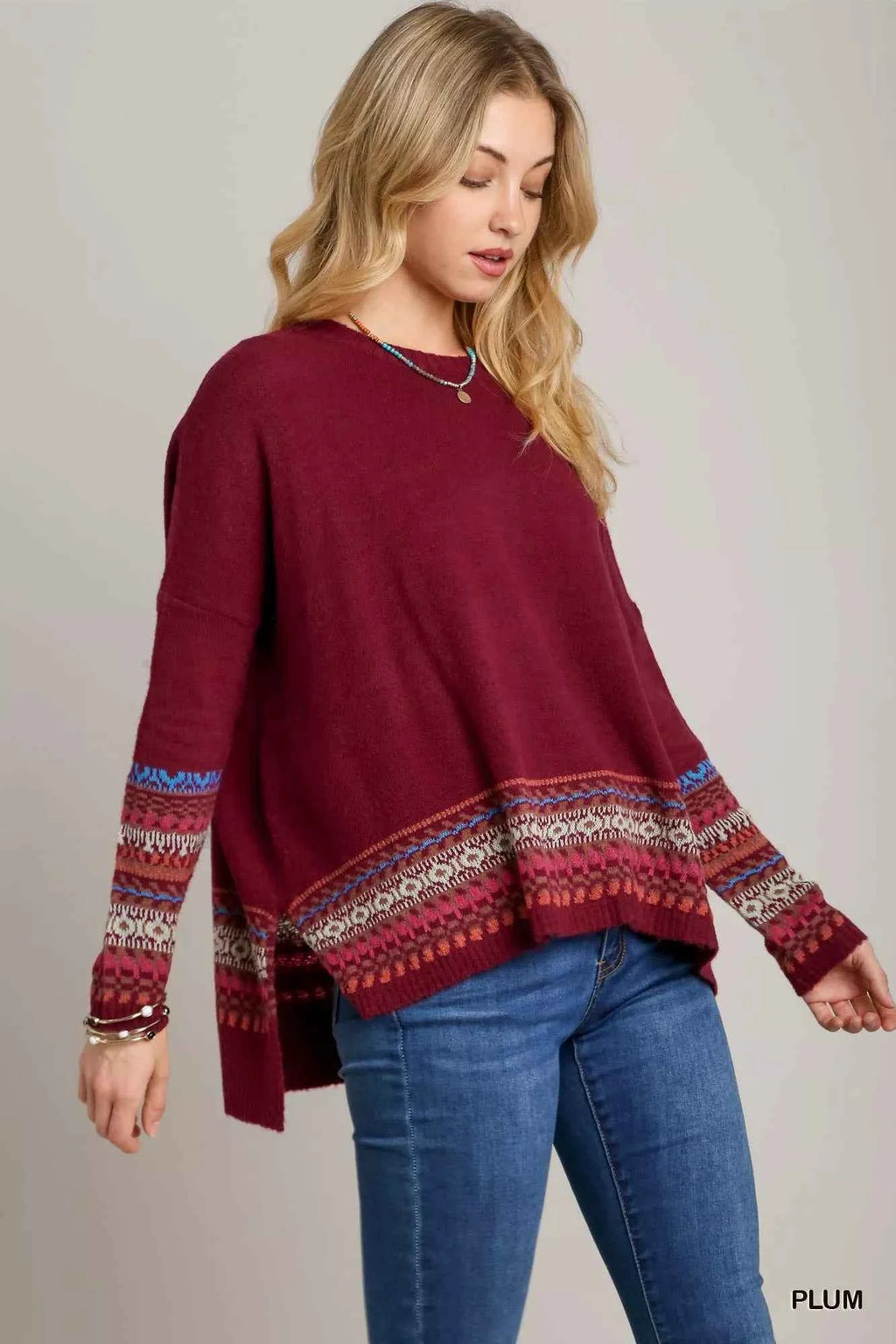 Umgee Long Sleeve Round Neck Knit Top with Side Slits and Stitch Detail 2b9d9de4-4b0f-404c-b30a-7c1e068f9127-Max-Origin