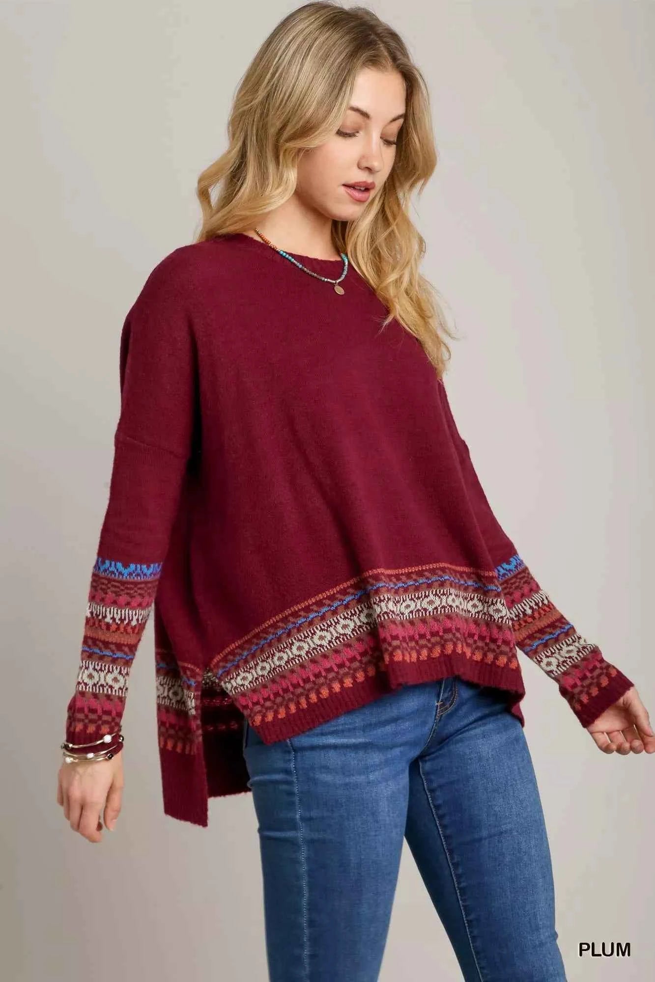 Umgee Long Sleeve Round Neck Knit Top with Side Slits and Stitch Detail 2b9d9de4-4b0f-404c-b30a-7c1e068f9127-Max-Origin