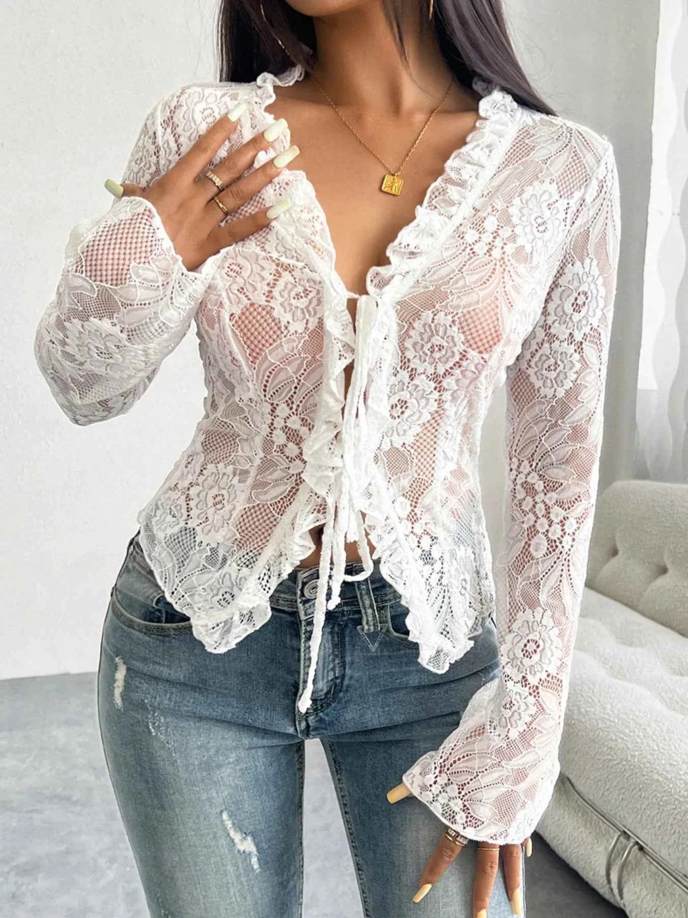 Tie Front Long Sleeve Lace Top White 2ba75a5c1b034db79c810d9607bd7a4c-Max-Origin