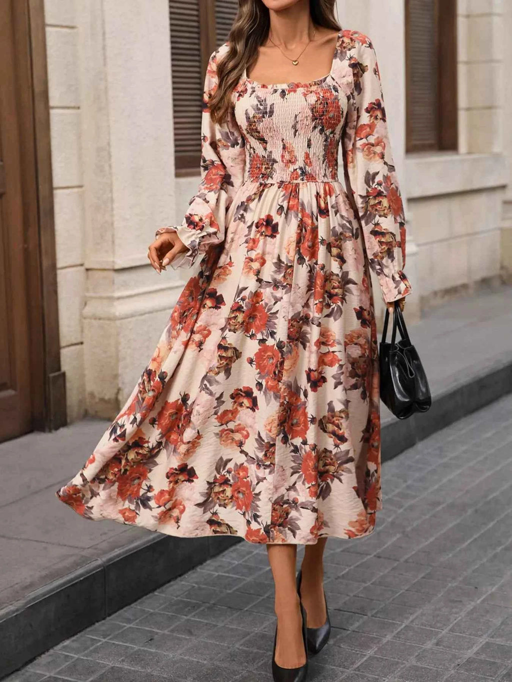 Smocked Floral Print Flounce Sleeve Dress 2ba96129-fdd2-4664-91b8-805d1099ddbe-Max-Origin