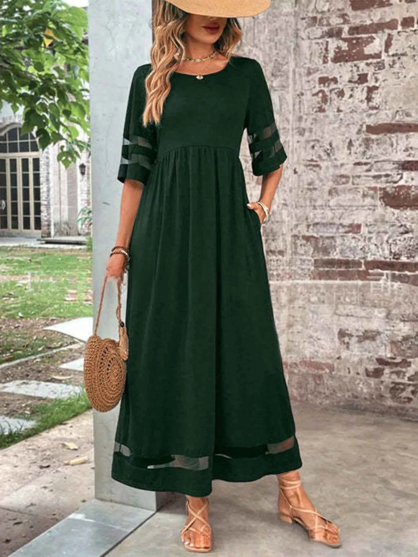 Full Size Round Neck Half Sleeve Dress Plus Size Dark Green 2baa1b62c37943d4ac718d8260f37a41-Max-Origin