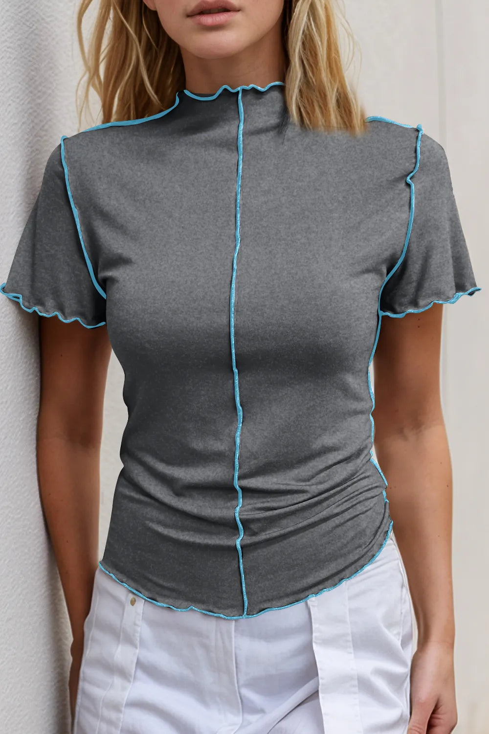 Basic Bae Contrast Trim Mock Neck Short Sleeve T-Shirt Dark Gray 2bad18ed-cd74-4638-a8fe-d01aa344e1c5-Max
