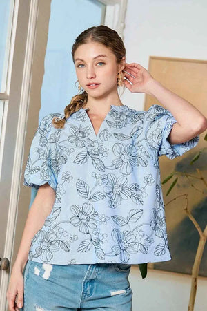 Floral Print Puff Sleeve Casual Blouse Pastel Blue 2baf288a-9091-4078-b066-827c54e8e818-Max-Origin