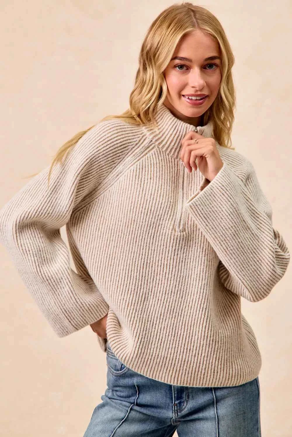 Two Tone Rib Texured Knit Collared Top with Zip Up 2bb2327d9d394530a26b3a2a0d5ad71d-Max-Origin
