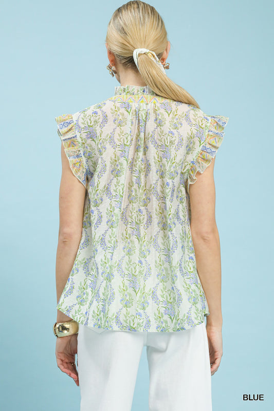 Floral Print Flutter Sleeve Split Neck Top 2bb3ad6f-a154-4e10-a3be-28097aa0ee01-Max