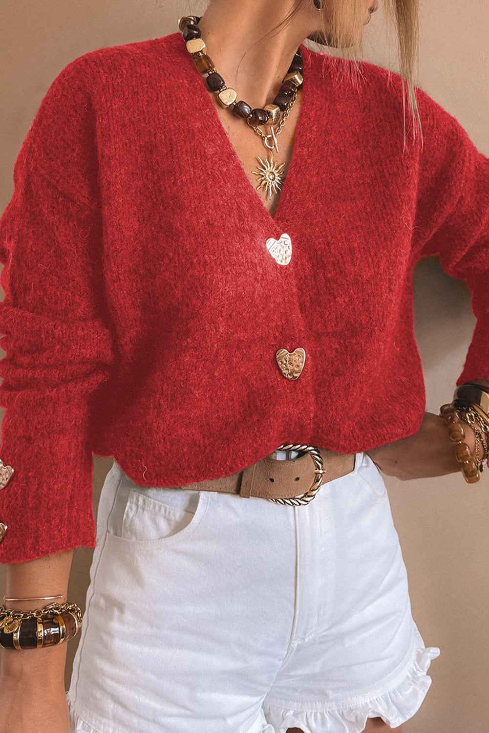 Fiery Red Heart Metal Button V Neck Cardigan Sweater Fiery Red 79%Polyester+13%Acrylic+5%Wool+3%Elastane 2bb8f2f1f78ed671