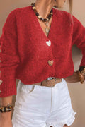 Fiery Red Heart Metal Button V Neck Cardigan Sweater Fiery Red 79%Polyester+13%Acrylic+5%Wool+3%Elastane 2bb8f2f1f78ed671