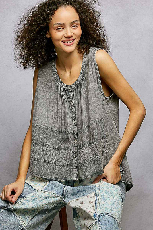 Button Down Round Neck Tank with Crochet Contrast 2bb9785d-5b81-4450-a0cb-5ae72c7be8ba-Max